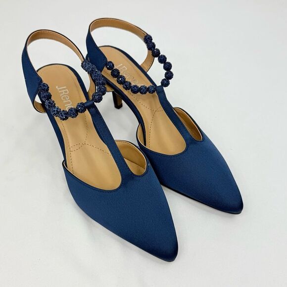 J. Renee NIMAH Navy Blue Sparkle Bead Pointed Toe T Strap Slingback Heels - Picture 6 of 16